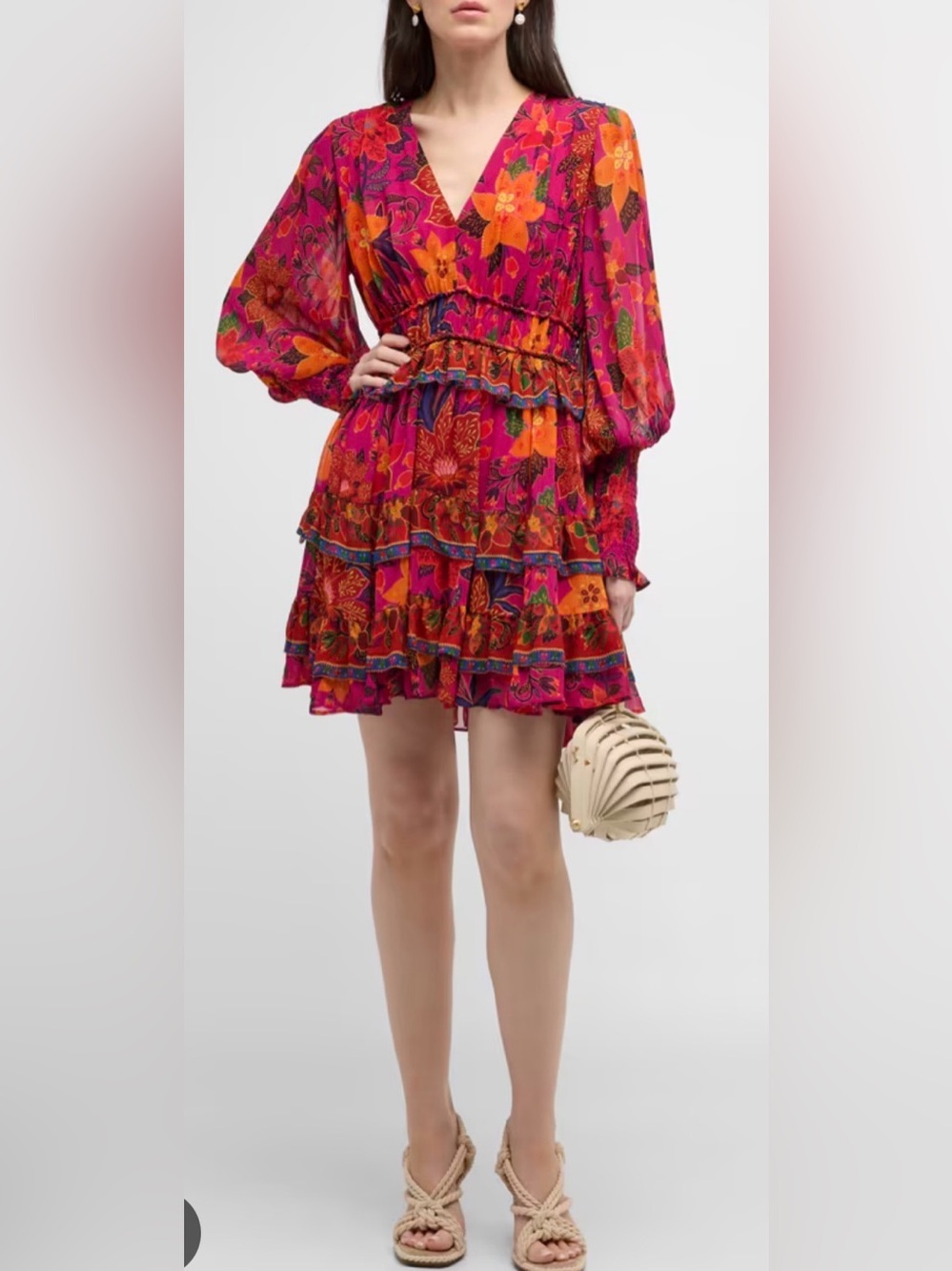 FARM RIO | Tropical Tapestry Tiered Puff-Sleeve Mini Dress